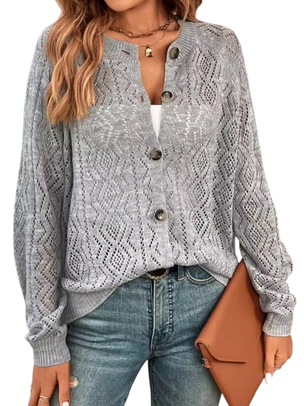 EMERY ROSE Soft Gray Pointelle Knit Cardigan with Tortoiseshell Buttons NWOT